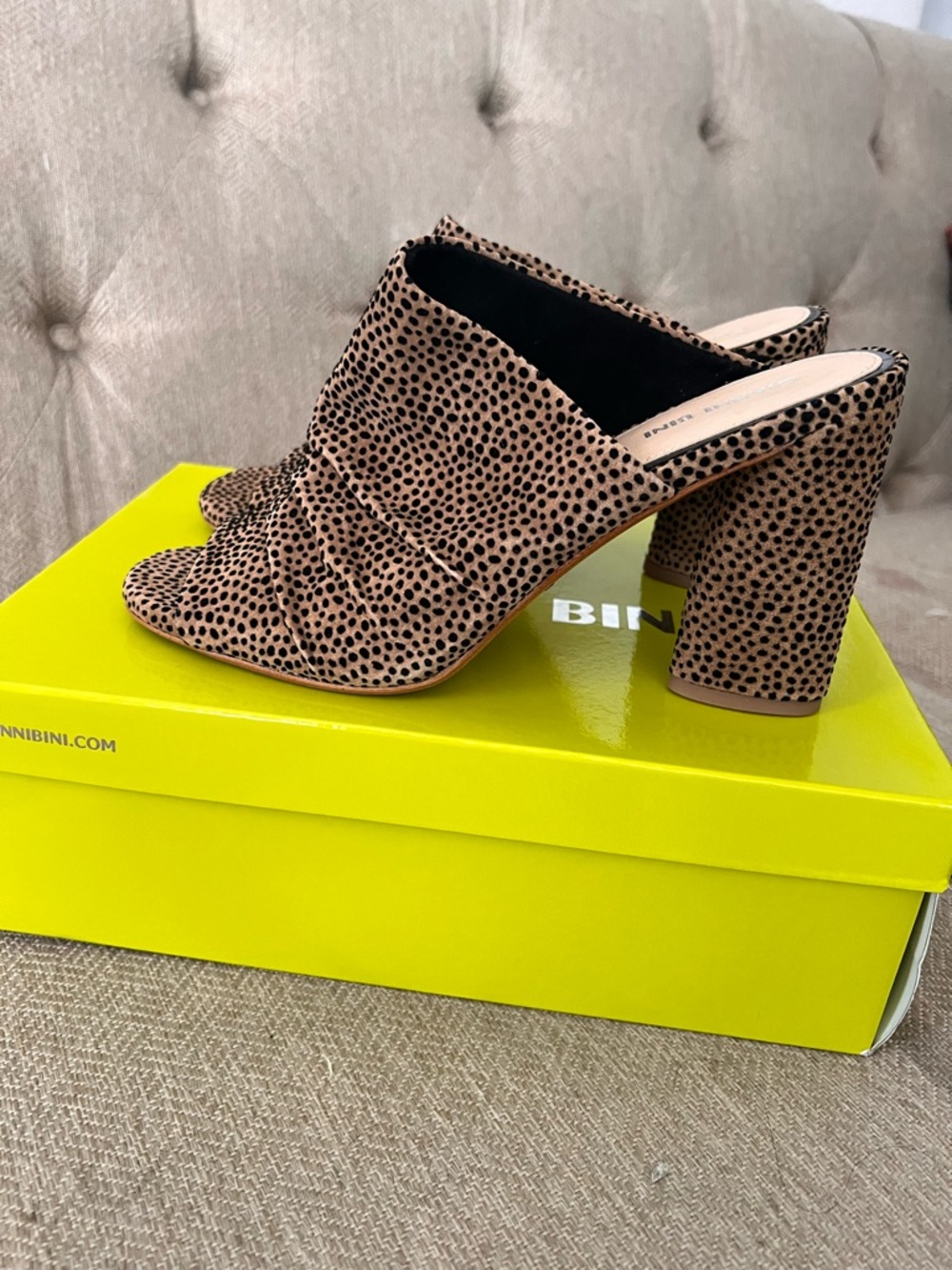Gianni Bini Taupe and Black Spotted Block Heel Mules